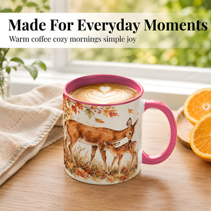 #pl[11oz|Pink] Watercolor Doe and Fawn Coffee Mug, Autumn Deer Mug, Ceramic Cup
