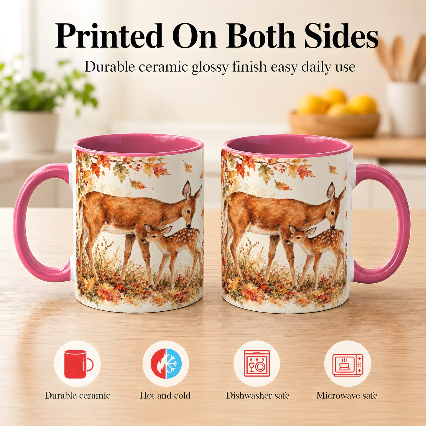 #pl[11oz|Pink] Watercolor Doe and Fawn Coffee Mug, Autumn Deer Mug, Ceramic Cup