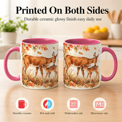 #pl[11oz|Pink] Watercolor Doe and Fawn Coffee Mug, Autumn Deer Mug, Ceramic Cup