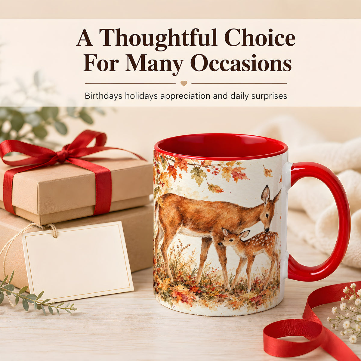 #pl[11oz|Red] Watercolor Doe and Fawn Coffee Mug, Autumn Deer Mug, Ceramic Cup