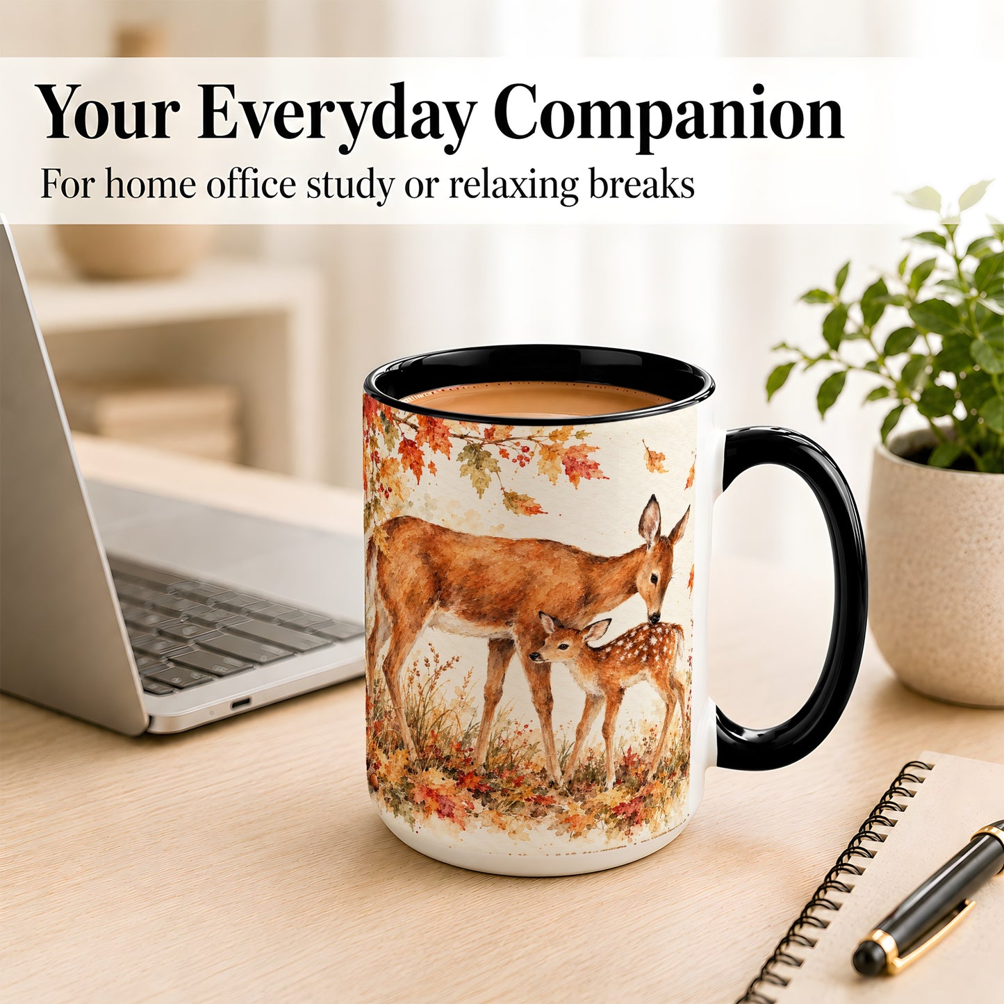 #pl[15oz|Black] Watercolor Doe and Fawn Coffee Mug, Autumn Deer Mug, Ceramic Cup