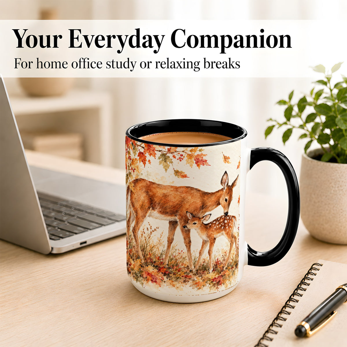 #pl[15oz|Black] Watercolor Doe and Fawn Coffee Mug, Autumn Deer Mug, Ceramic Cup