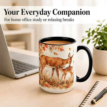 #pl[15oz|Black] Watercolor Doe and Fawn Coffee Mug, Autumn Deer Mug, Ceramic Cup