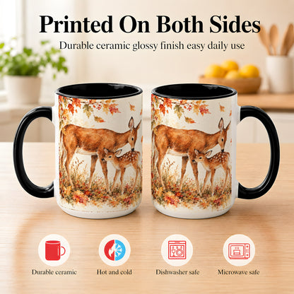 #pl[15oz|Black] Watercolor Doe and Fawn Coffee Mug, Autumn Deer Mug, Ceramic Cup