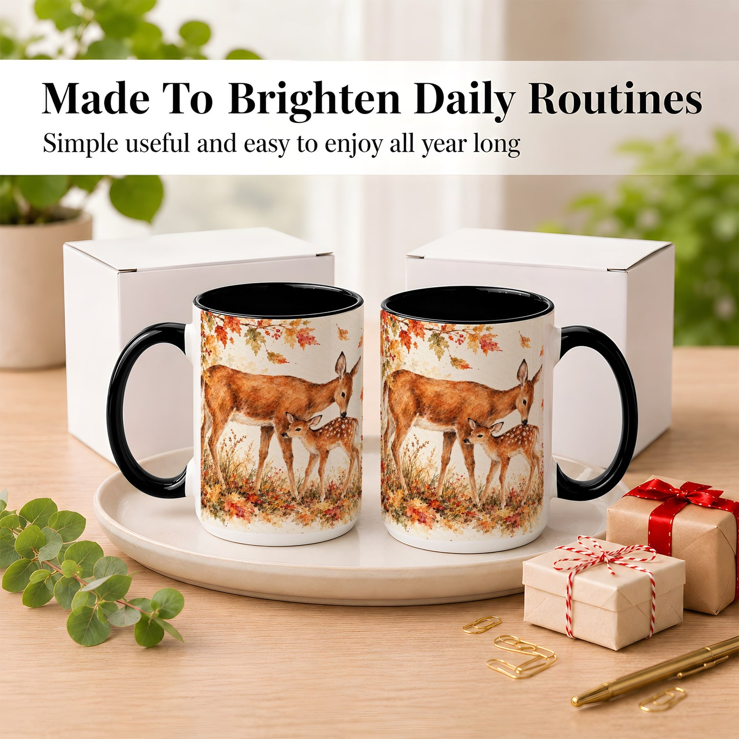#pl[15oz|Black] Watercolor Doe and Fawn Coffee Mug, Autumn Deer Mug, Ceramic Cup