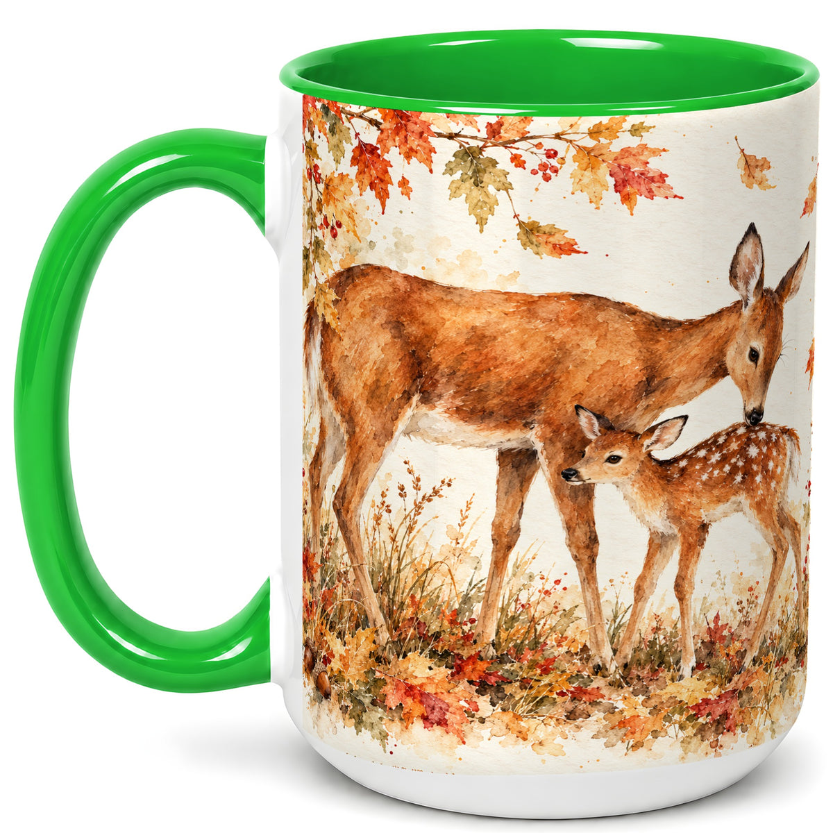 #pl[15oz|Green] Watercolor Doe and Fawn Coffee Mug, Autumn Deer Mug, Ceramic Cup