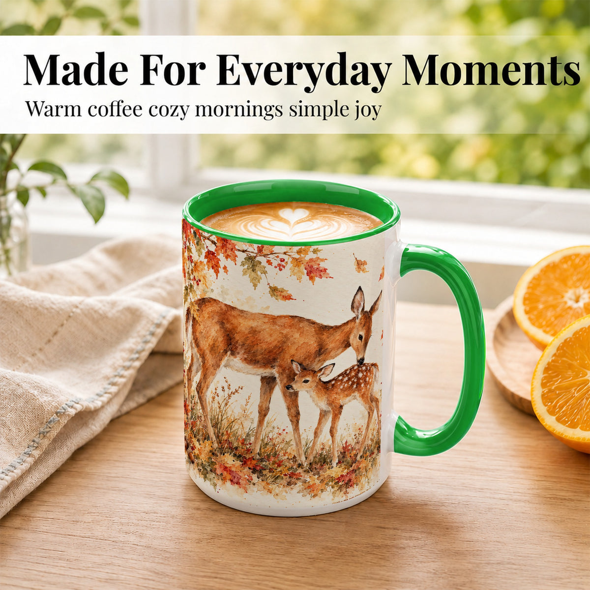 #pl[15oz|Green] Watercolor Doe and Fawn Coffee Mug, Autumn Deer Mug, Ceramic Cup