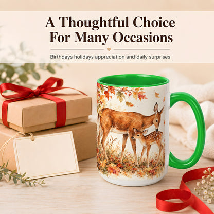 #pl[15oz|Green] Watercolor Doe and Fawn Coffee Mug, Autumn Deer Mug, Ceramic Cup