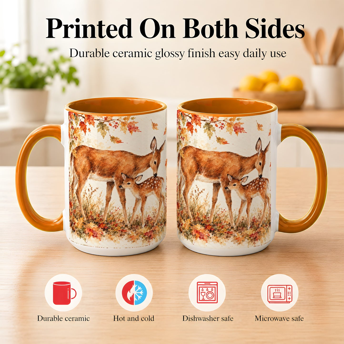 #pl[15oz|Orange] Watercolor Doe and Fawn Coffee Mug, Autumn Deer Mug, Ceramic Cup