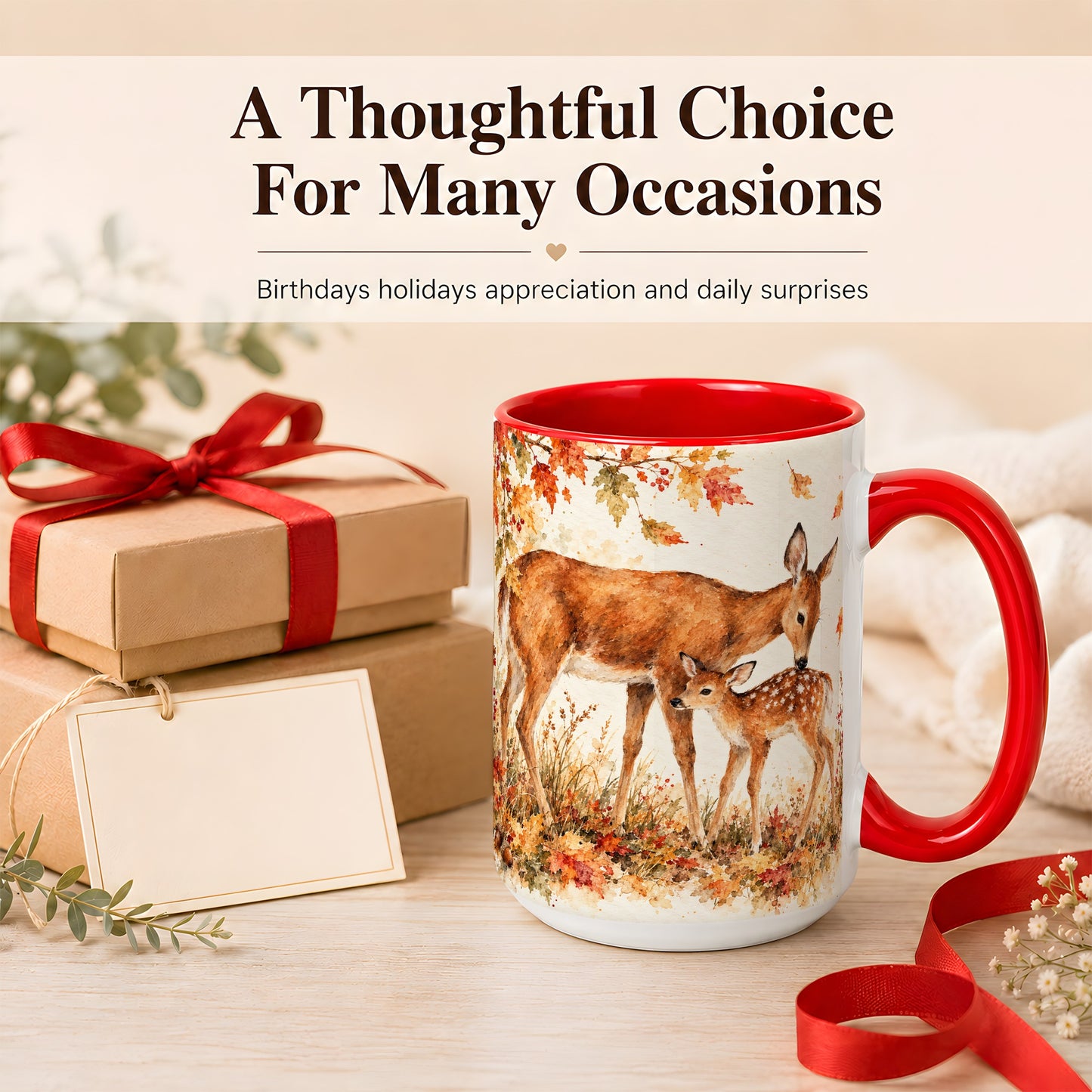 #pl[15oz|Red] Watercolor Doe and Fawn Coffee Mug, Autumn Deer Mug, Ceramic Cup