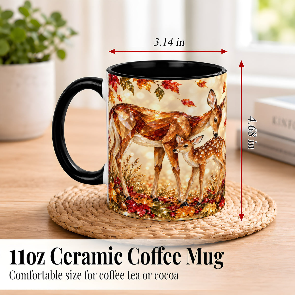 #pl[11oz|Black] Faceted Deer and Fawn Coffee Mug, Autumn Woodland Mug, Ceramic Cup