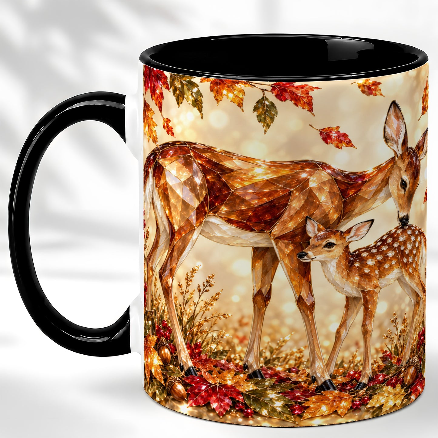 #pl[11oz|Black] Faceted Deer and Fawn Coffee Mug, Autumn Woodland Mug, Ceramic Cup