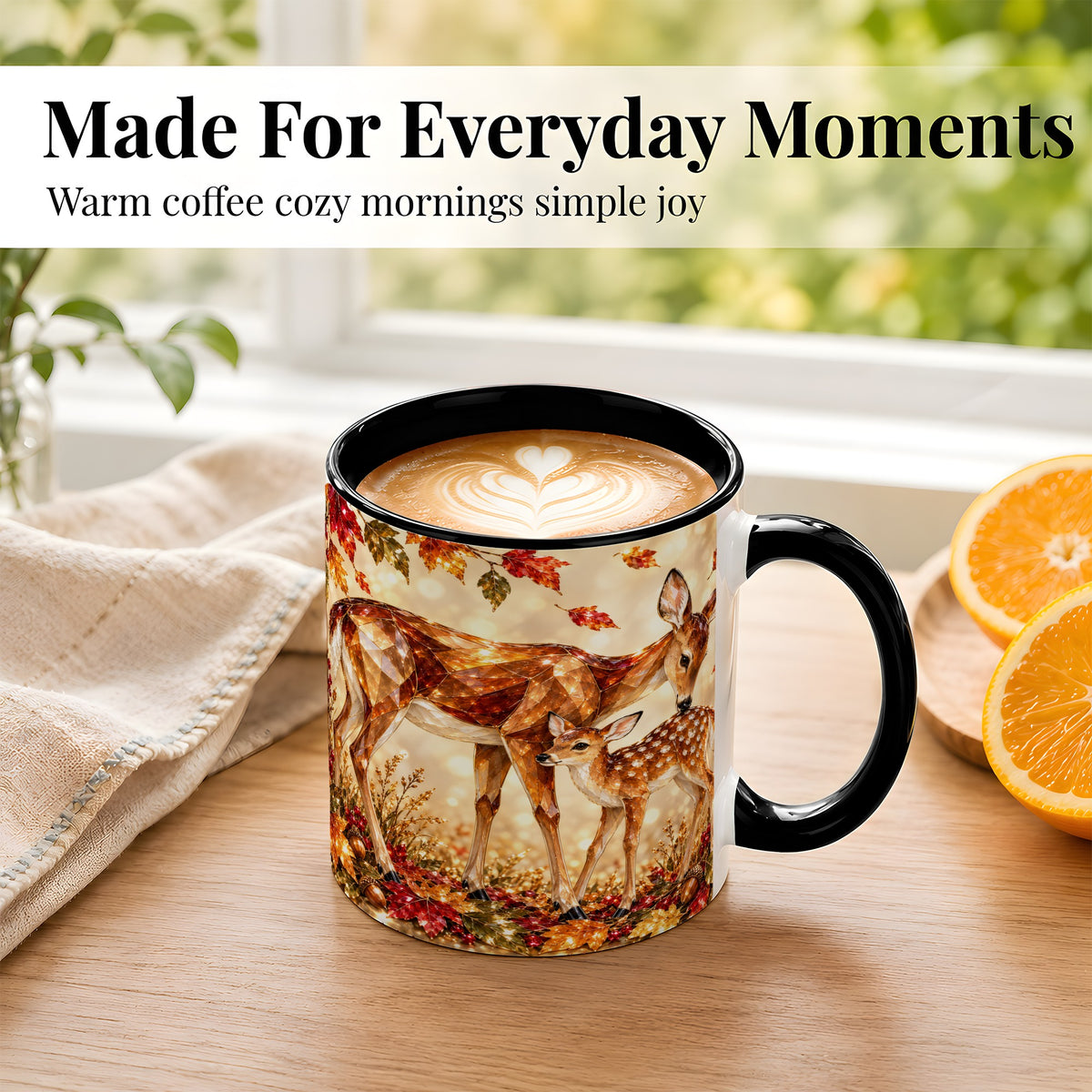 #pl[11oz|Black] Faceted Deer and Fawn Coffee Mug, Autumn Woodland Mug, Ceramic Cup