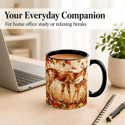 #pl[11oz|Black] Faceted Deer and Fawn Coffee Mug, Autumn Woodland Mug, Ceramic Cup