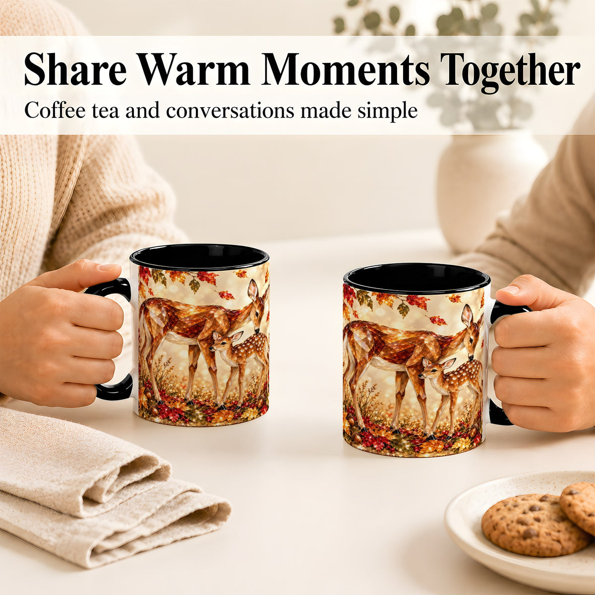 #pl[11oz|Black] Faceted Deer and Fawn Coffee Mug, Autumn Woodland Mug, Ceramic Cup