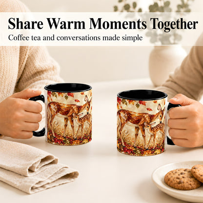 #pl[11oz|Black] Faceted Deer and Fawn Coffee Mug, Autumn Woodland Mug, Ceramic Cup