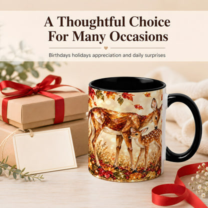 #pl[11oz|Black] Faceted Deer and Fawn Coffee Mug, Autumn Woodland Mug, Ceramic Cup