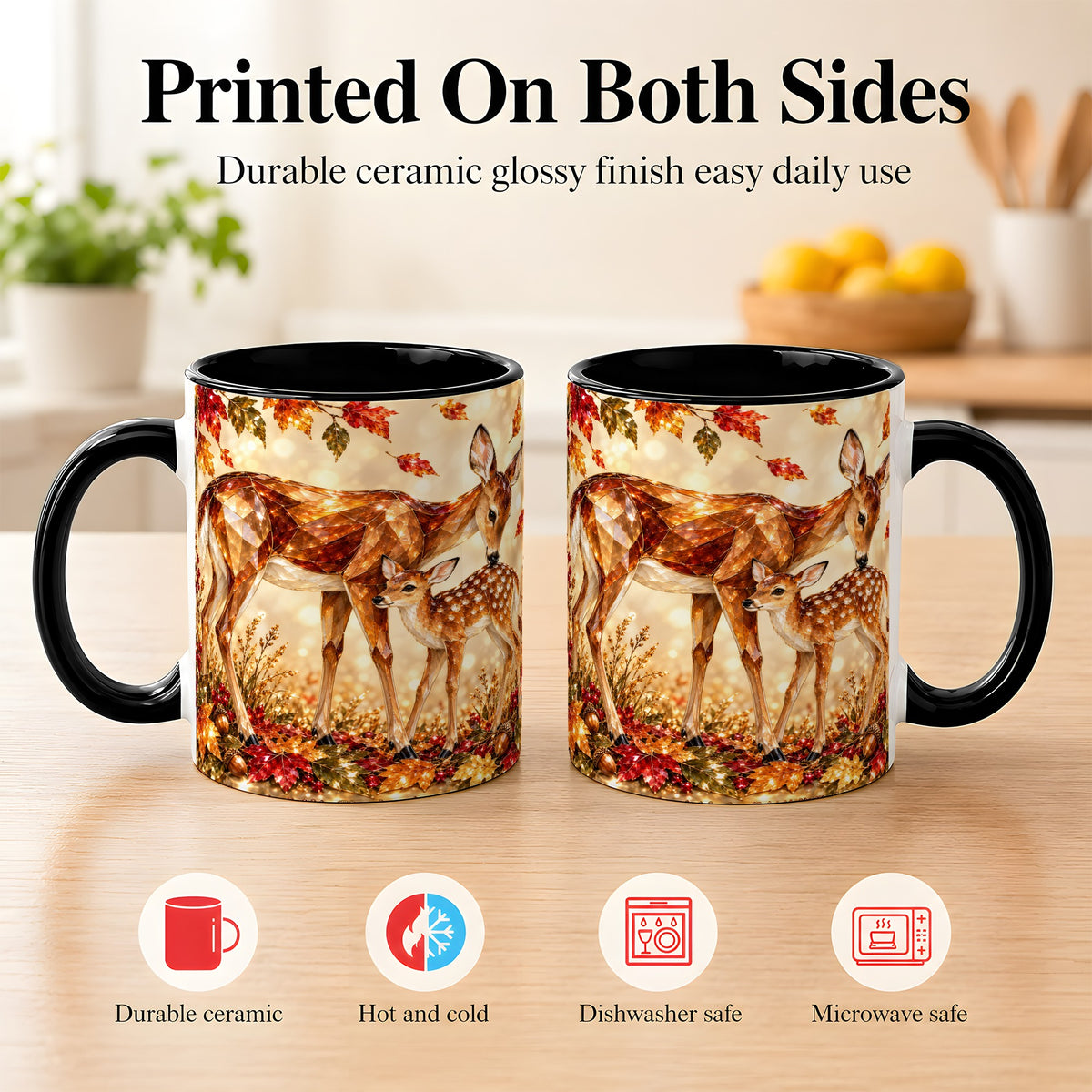 #pl[11oz|Black] Faceted Deer and Fawn Coffee Mug, Autumn Woodland Mug, Ceramic Cup