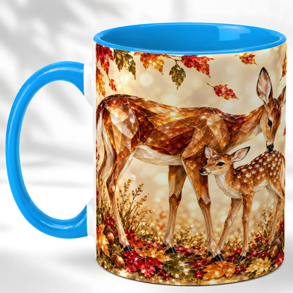#pl[11oz|Blue] Faceted Deer and Fawn Coffee Mug, Autumn Woodland Mug, Ceramic Cup