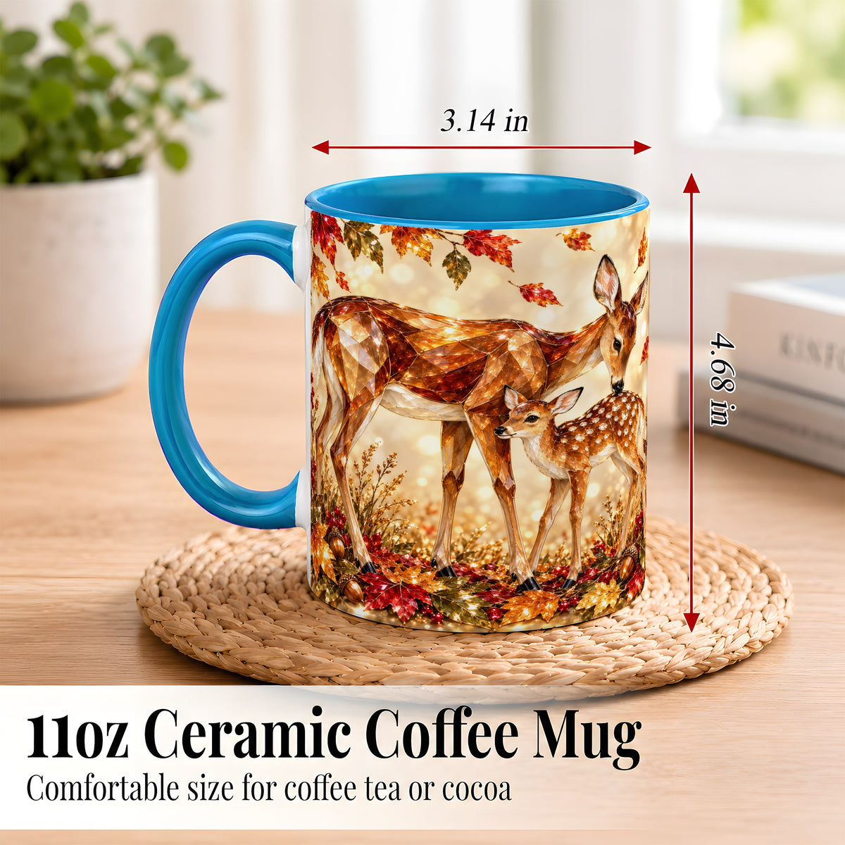 #pl[11oz|Blue] Faceted Deer and Fawn Coffee Mug, Autumn Woodland Mug, Ceramic Cup