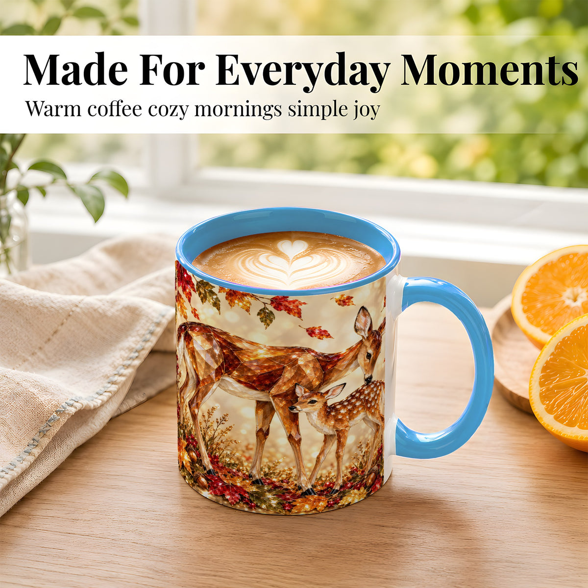 #pl[11oz|Blue] Faceted Deer and Fawn Coffee Mug, Autumn Woodland Mug, Ceramic Cup