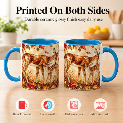 #pl[11oz|Blue] Faceted Deer and Fawn Coffee Mug, Autumn Woodland Mug, Ceramic Cup