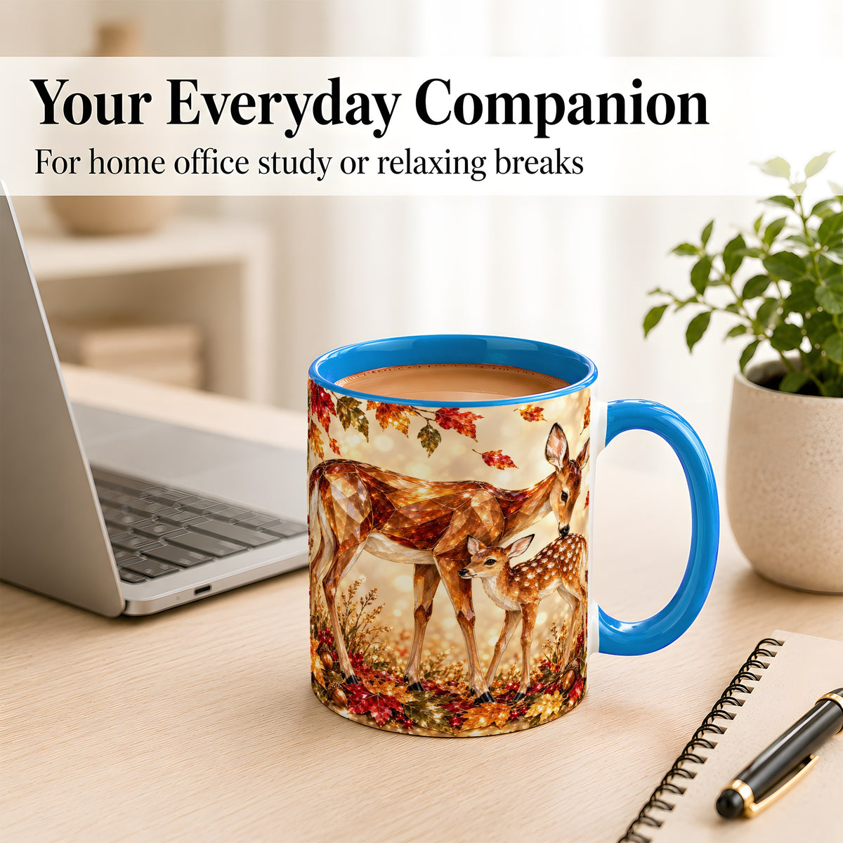#pl[11oz|Blue] Faceted Deer and Fawn Coffee Mug, Autumn Woodland Mug, Ceramic Cup