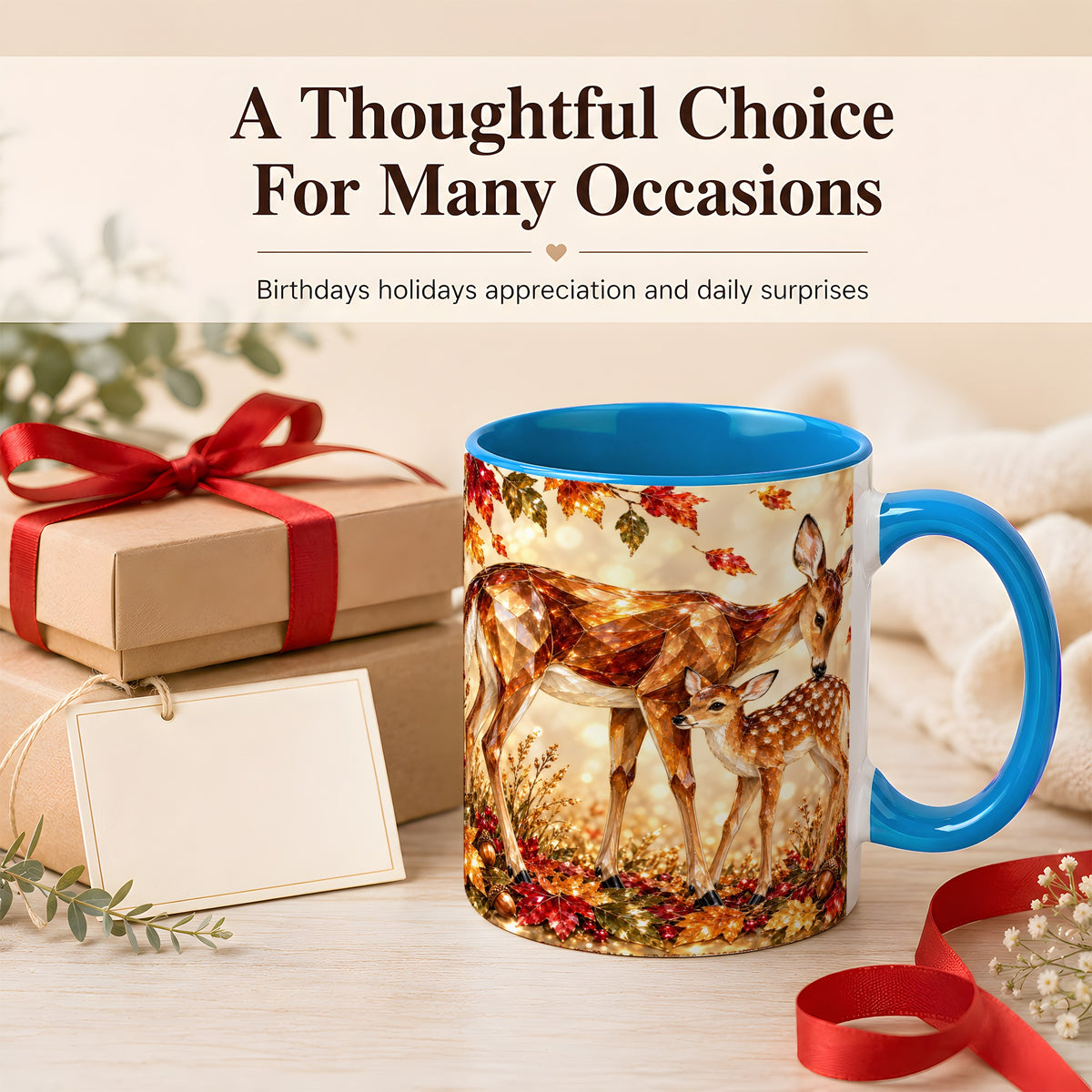 #pl[11oz|Blue] Faceted Deer and Fawn Coffee Mug, Autumn Woodland Mug, Ceramic Cup