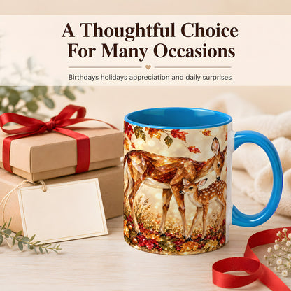 #pl[11oz|Blue] Faceted Deer and Fawn Coffee Mug, Autumn Woodland Mug, Ceramic Cup
