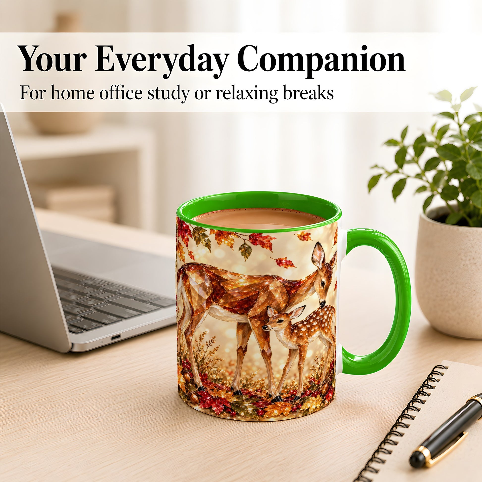 #pl[11oz|Green] Faceted Deer and Fawn Coffee Mug, Autumn Woodland Mug, Ceramic Cup
