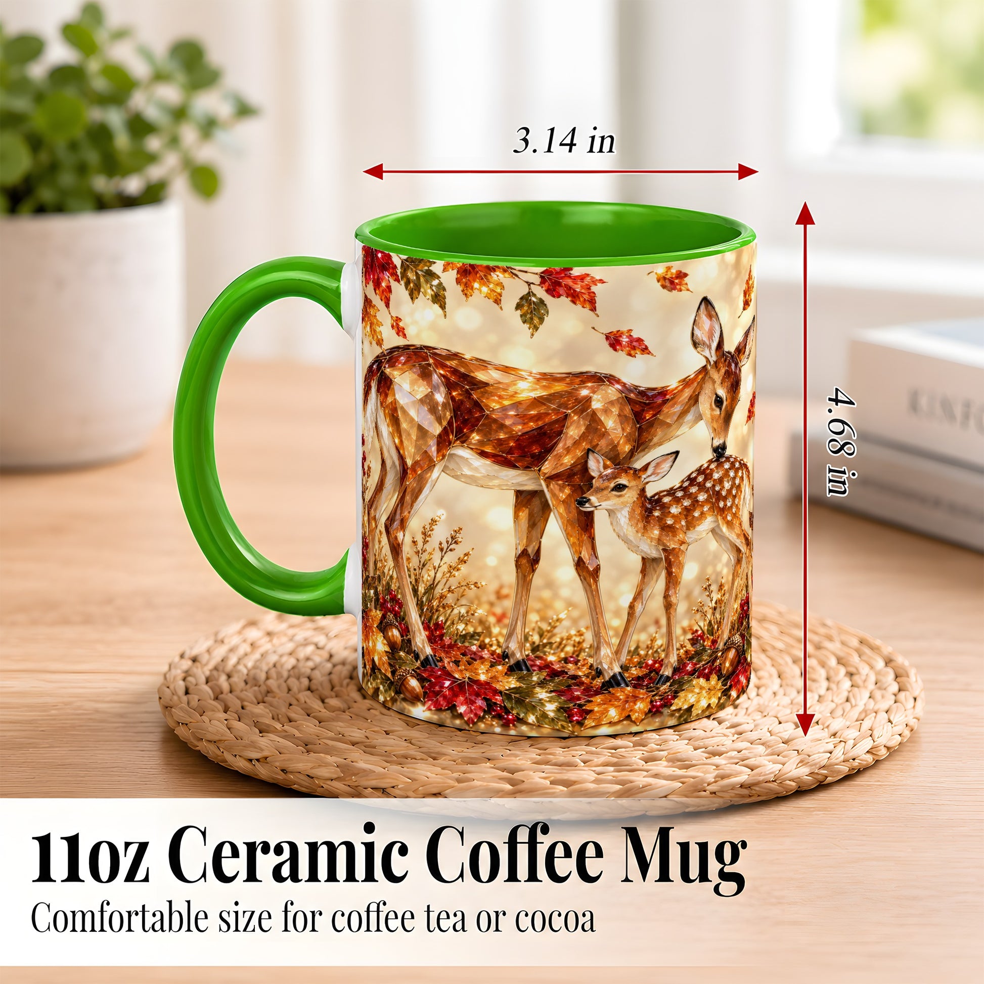 #pl[11oz|Green] Faceted Deer and Fawn Coffee Mug, Autumn Woodland Mug, Ceramic Cup