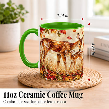 #pl[11oz|Green] Faceted Deer and Fawn Coffee Mug, Autumn Woodland Mug, Ceramic Cup