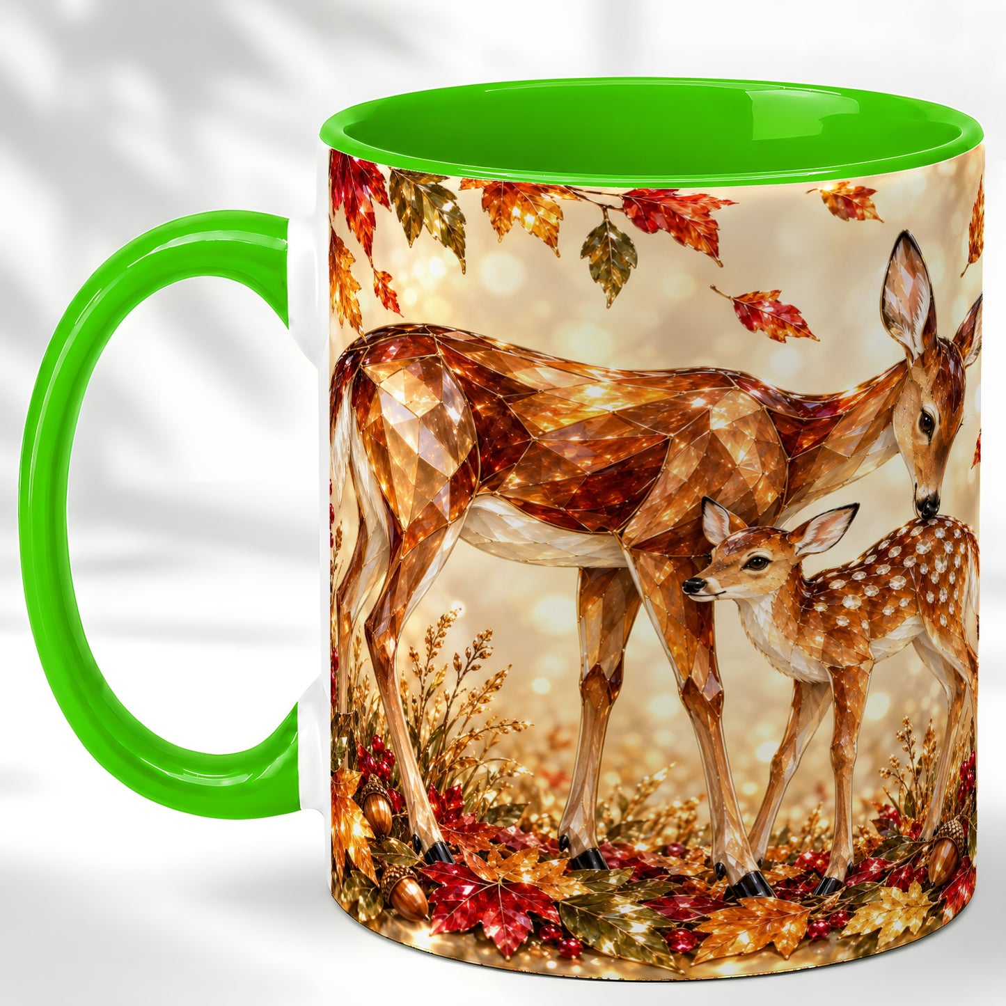 #pl[11oz|Green] Faceted Deer and Fawn Coffee Mug, Autumn Woodland Mug, Ceramic Cup