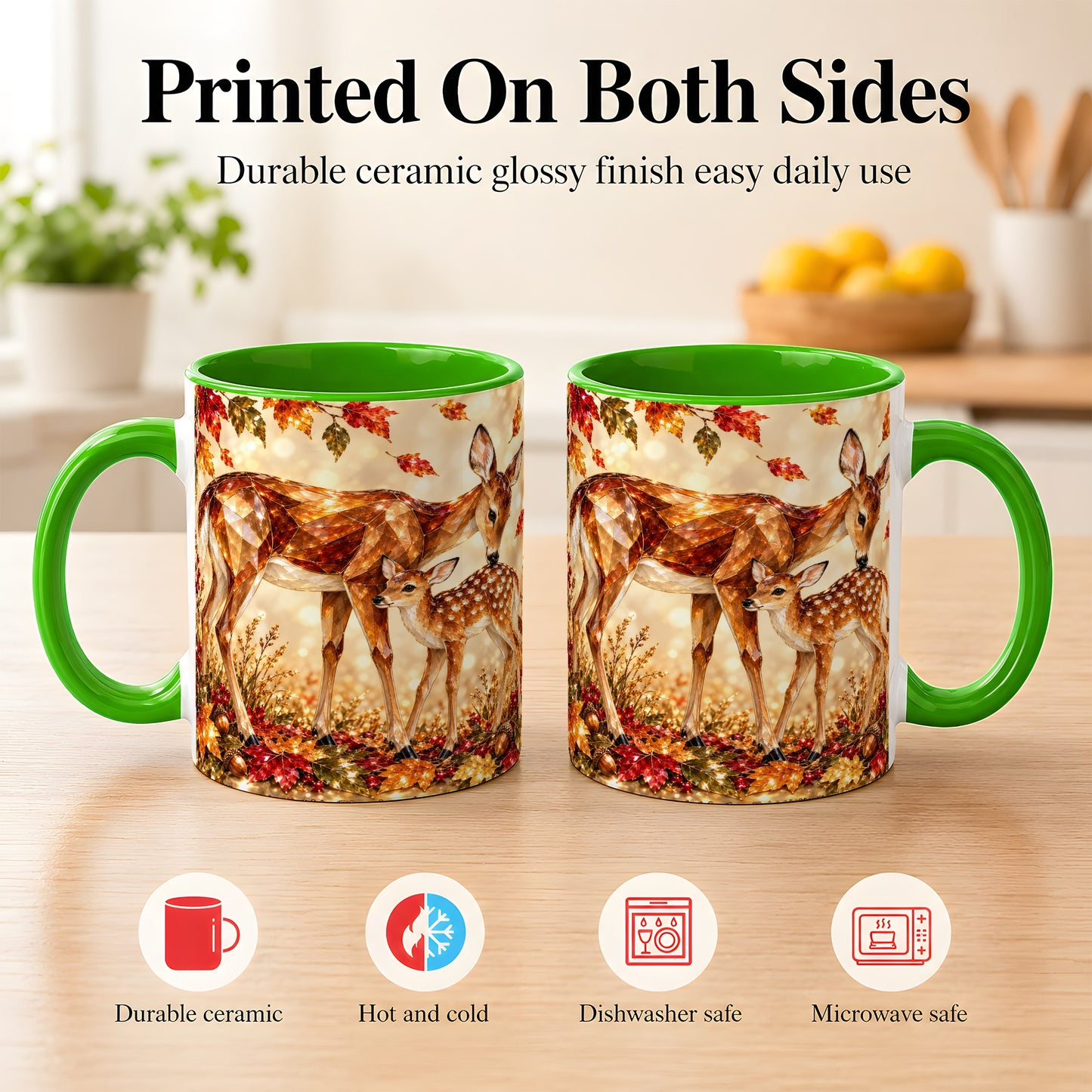 #pl[11oz|Green] Faceted Deer and Fawn Coffee Mug, Autumn Woodland Mug, Ceramic Cup