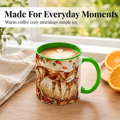 #pl[11oz|Green] Faceted Deer and Fawn Coffee Mug, Autumn Woodland Mug, Ceramic Cup
