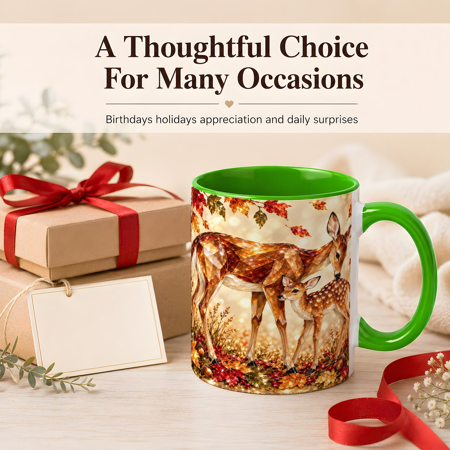 #pl[11oz|Green] Faceted Deer and Fawn Coffee Mug, Autumn Woodland Mug, Ceramic Cup