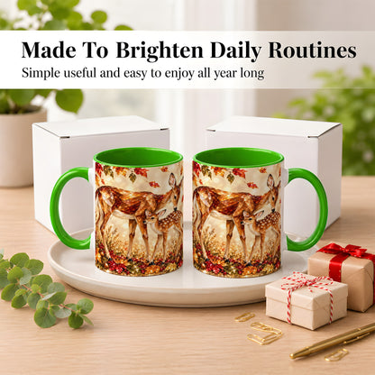 #pl[11oz|Green] Faceted Deer and Fawn Coffee Mug, Autumn Woodland Mug, Ceramic Cup