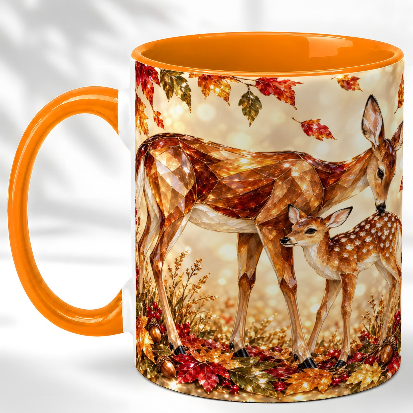 #pl[11oz|Orange] Faceted Deer and Fawn Coffee Mug, Autumn Woodland Mug, Ceramic Cup