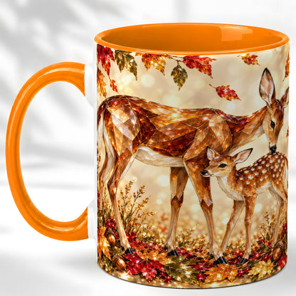 #pl[11oz|Orange] Faceted Deer and Fawn Coffee Mug, Autumn Woodland Mug, Ceramic Cup