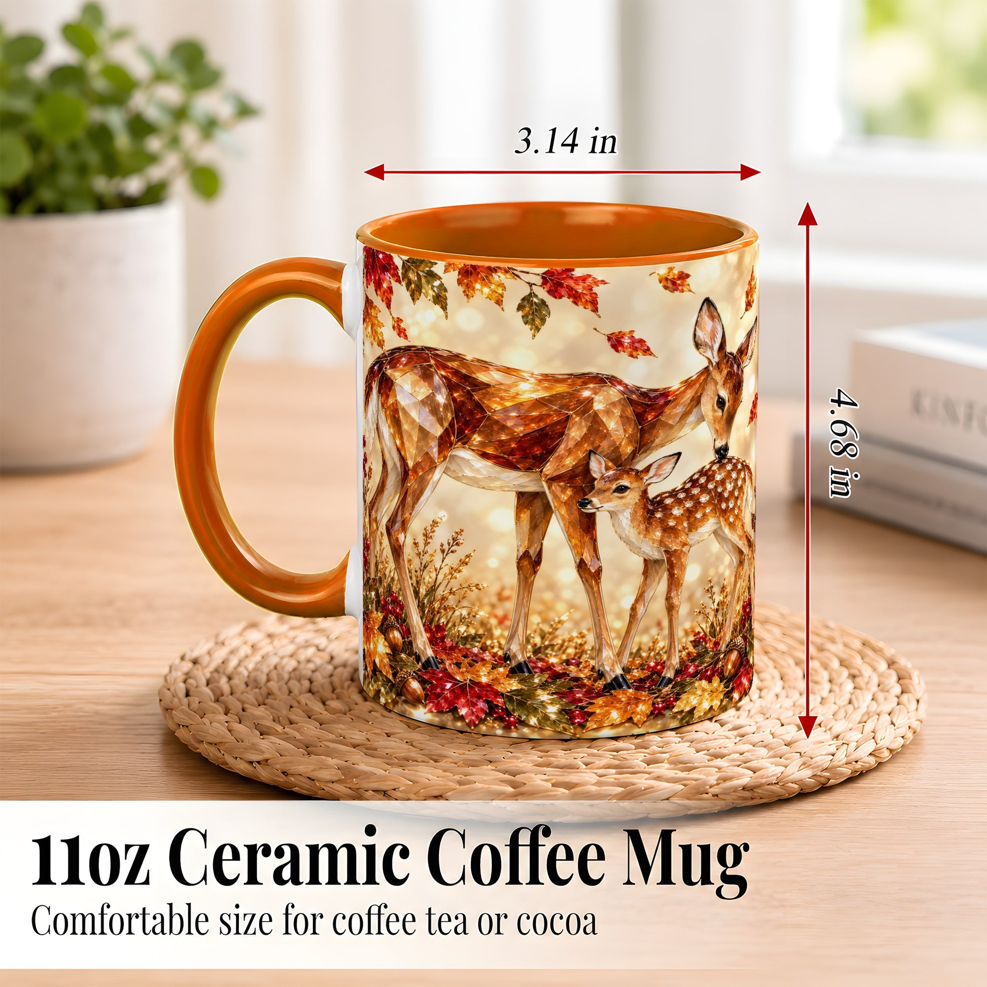 #pl[11oz|Orange] Faceted Deer and Fawn Coffee Mug, Autumn Woodland Mug, Ceramic Cup