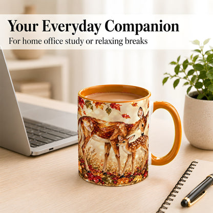 #pl[11oz|Orange] Faceted Deer and Fawn Coffee Mug, Autumn Woodland Mug, Ceramic Cup