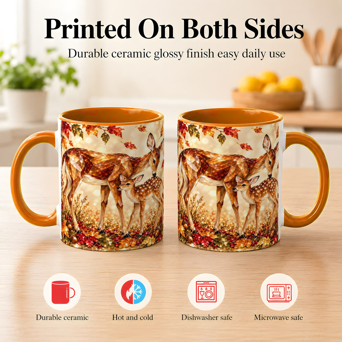 #pl[11oz|Orange] Faceted Deer and Fawn Coffee Mug, Autumn Woodland Mug, Ceramic Cup