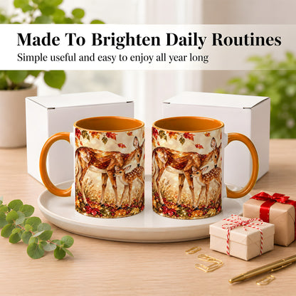 #pl[11oz|Orange] Faceted Deer and Fawn Coffee Mug, Autumn Woodland Mug, Ceramic Cup