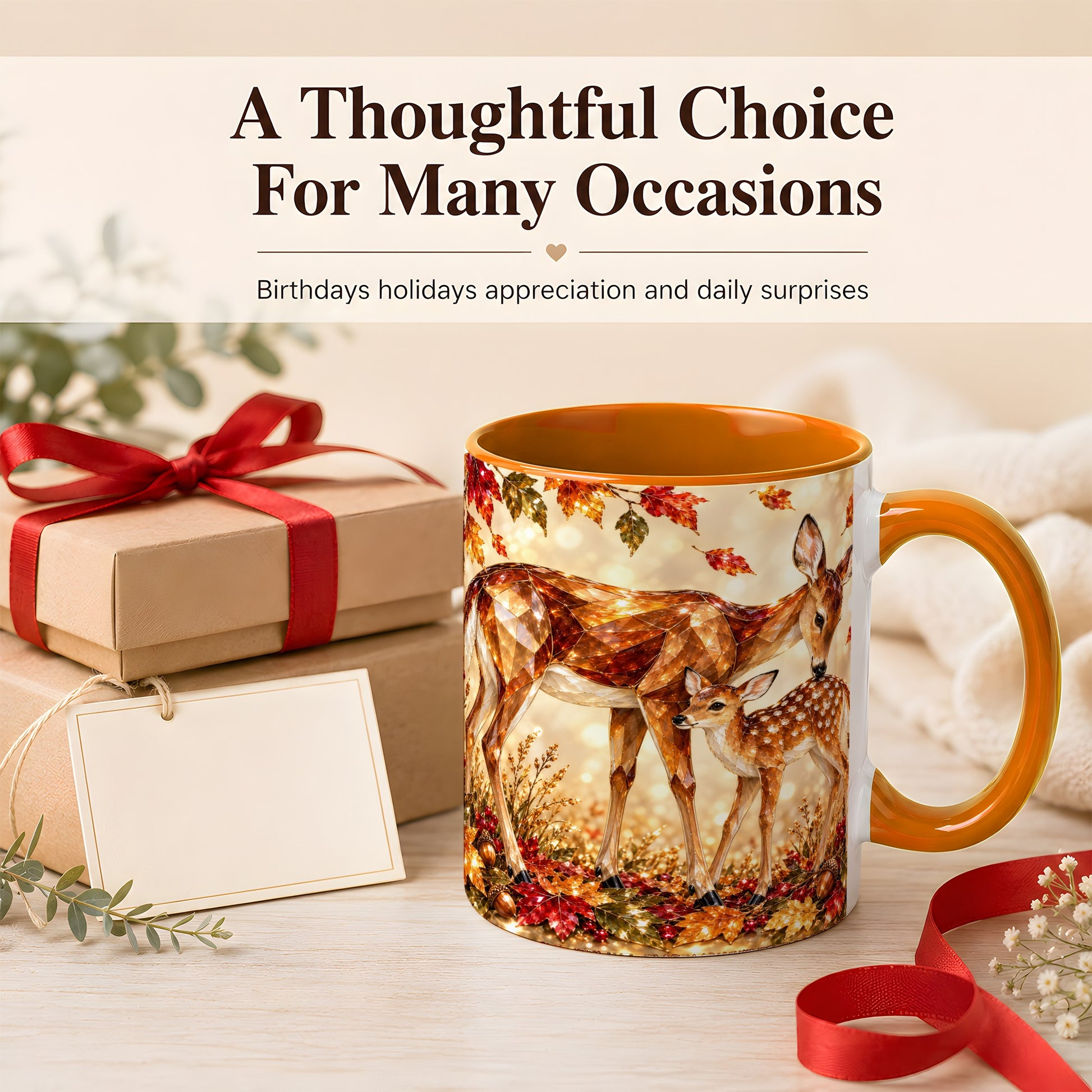 #pl[11oz|Orange] Faceted Deer and Fawn Coffee Mug, Autumn Woodland Mug, Ceramic Cup