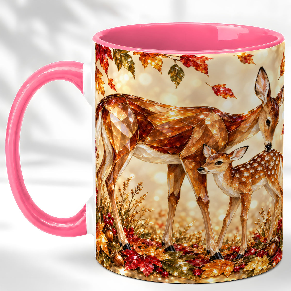 #pl[11oz|Pink] Faceted Deer and Fawn Coffee Mug, Autumn Woodland Mug, Ceramic Cup