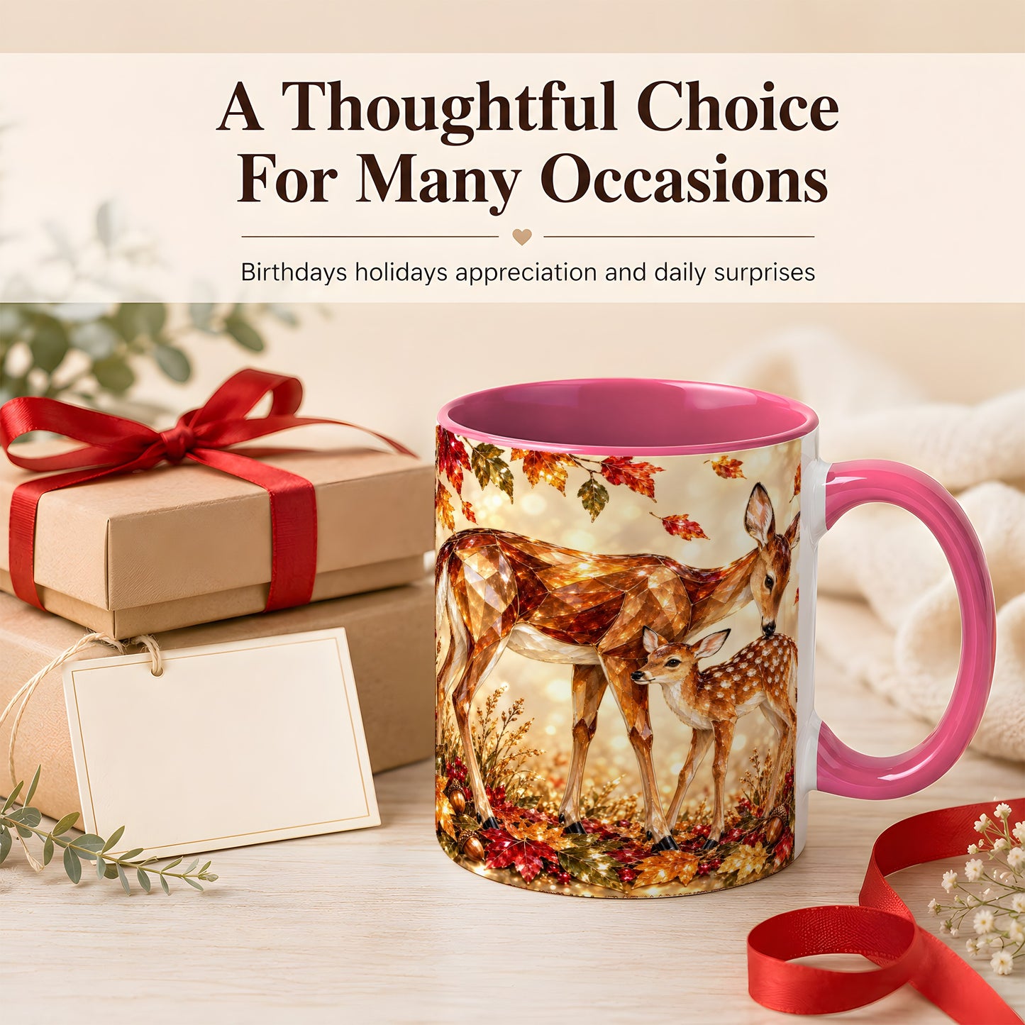 #pl[11oz|Pink] Faceted Deer and Fawn Coffee Mug, Autumn Woodland Mug, Ceramic Cup