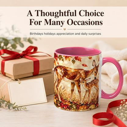 #pl[11oz|Pink] Faceted Deer and Fawn Coffee Mug, Autumn Woodland Mug, Ceramic Cup