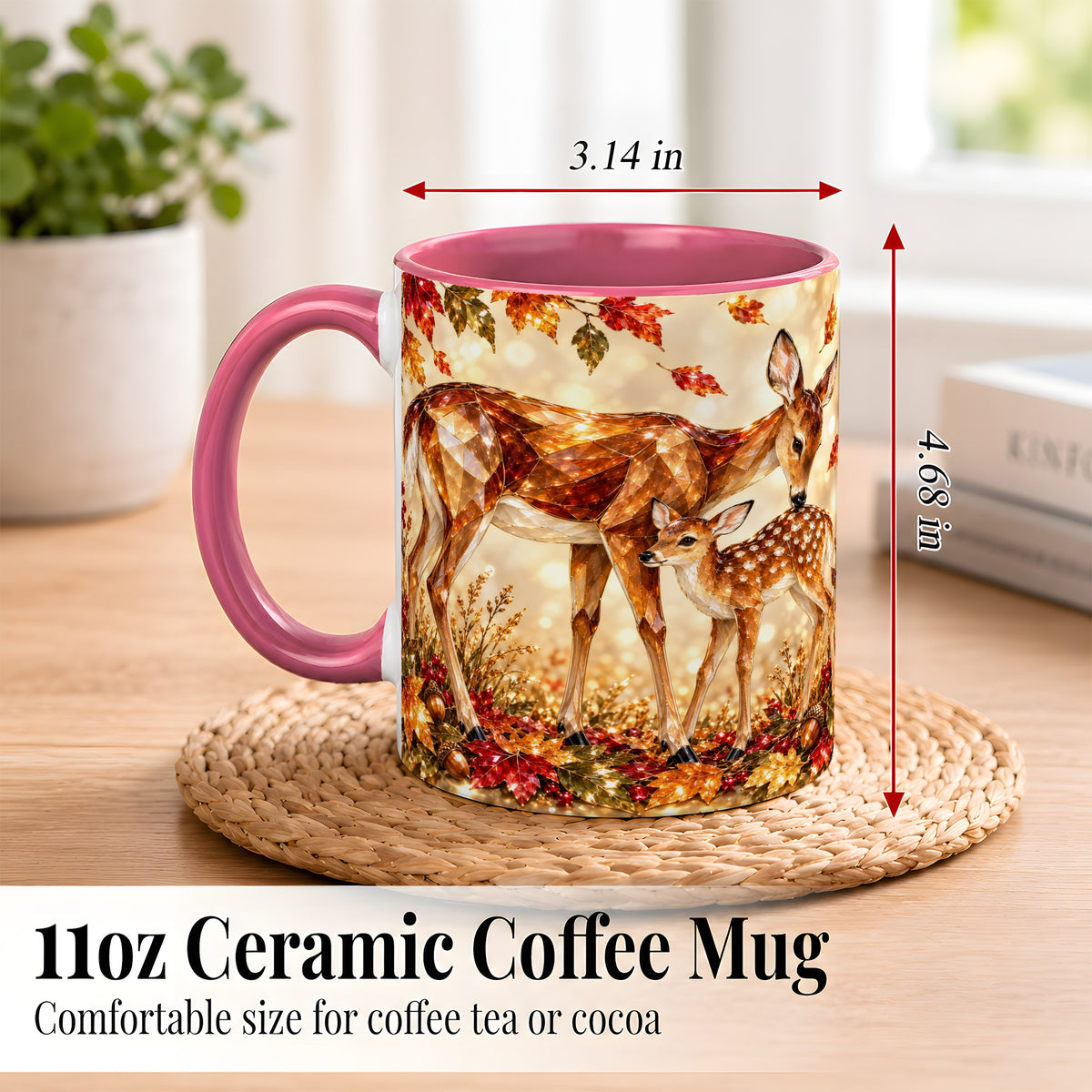 #pl[11oz|Pink] Faceted Deer and Fawn Coffee Mug, Autumn Woodland Mug, Ceramic Cup