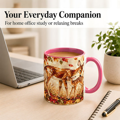 #pl[11oz|Pink] Faceted Deer and Fawn Coffee Mug, Autumn Woodland Mug, Ceramic Cup