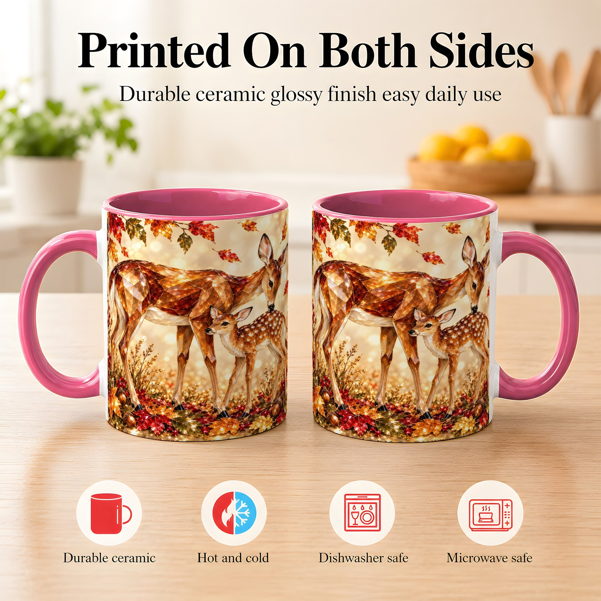 #pl[11oz|Pink] Faceted Deer and Fawn Coffee Mug, Autumn Woodland Mug, Ceramic Cup